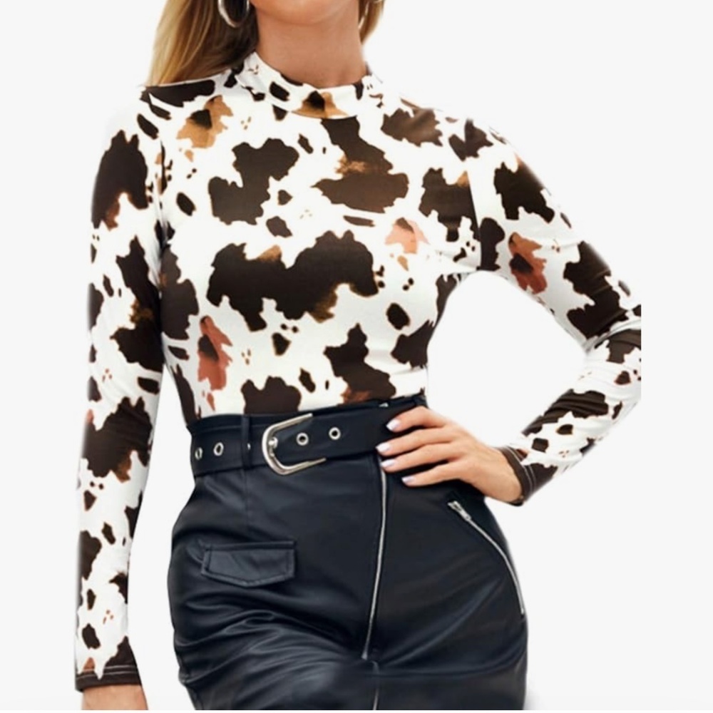 Milumia Women's High Neck Zebra Print Pullovers Long Sleeve Top Brown and White - Picture 2 of 2